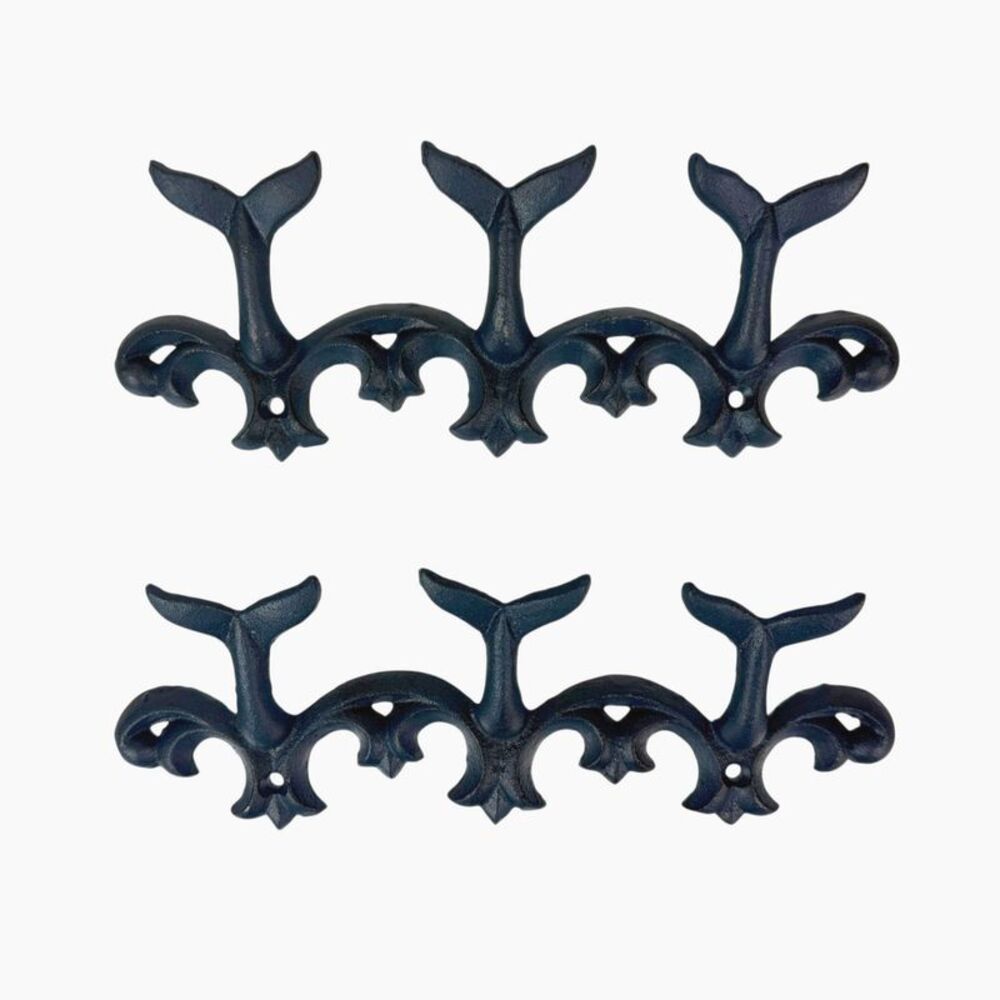 Set of 2 Whale Tail Wall Hooks Cast Iron Blue Coastal Triple Hook 10.5 In